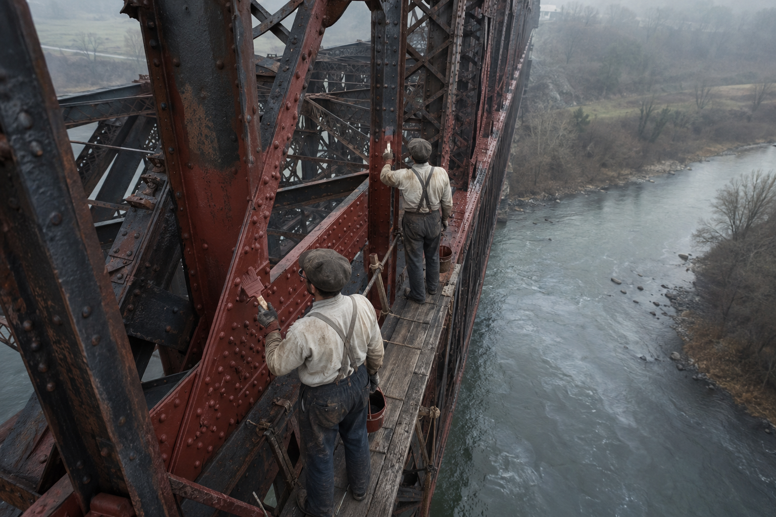 Trabajadores aplicando minio de plomo sobre un puente de celosía remachada de hierro, imagen de referencia histórica